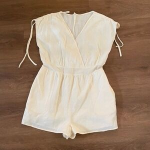 Cupshe Womens Romper Size L Cream Cotton Blend V Neck Tie Sleeve Beachy Pool